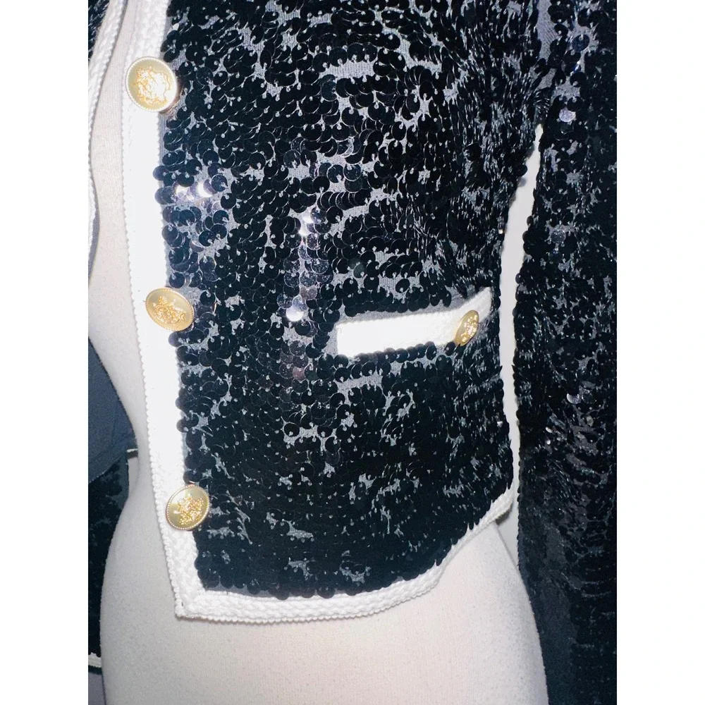 ND1 J. Crew Sequin Jacket Cropped Black‎ Gold Button White Trim Party Coat XS